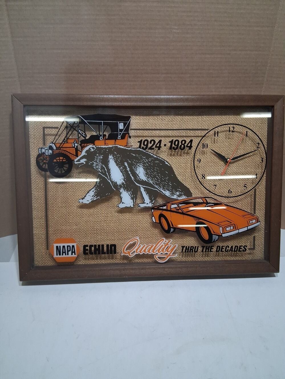 Vtg 1984 NAPA ECHLIN Auto Parts Advertising Clock Car Garage Sign Bear Graphic